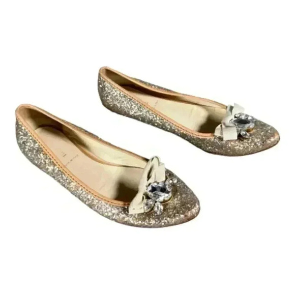 MIU MIU Prada Flats Shoes Silver Gold 6 Rhinestone Glitter Bow Pointed Toe 36 - Picture 3 of 9